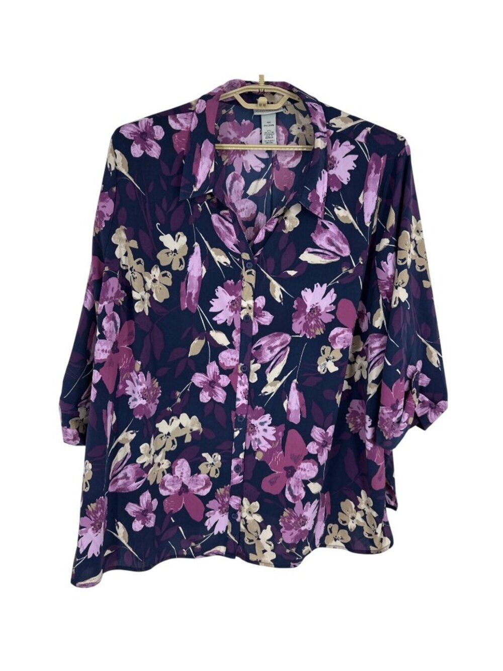 Catherines Womens Floral Button-Front 3/4 Roll-Tab Sleeves Blouse Size 3X